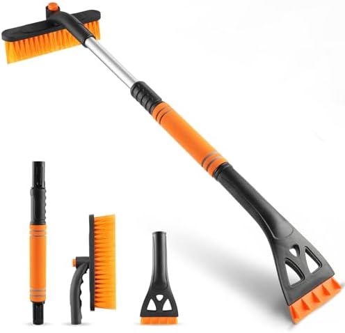 LivTee Ice Scraper and Snow Brush for Car Windshield, 32" Extendable Snow Removal Tool with 360° Rotating Brush, Orange