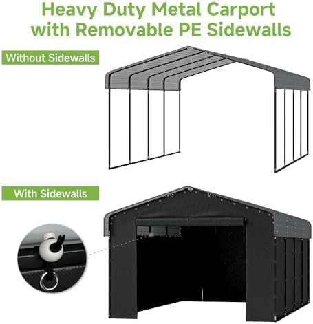12x20FT Heavy Duty Metal Carport with Removable Sidewalls & Doors, Gray