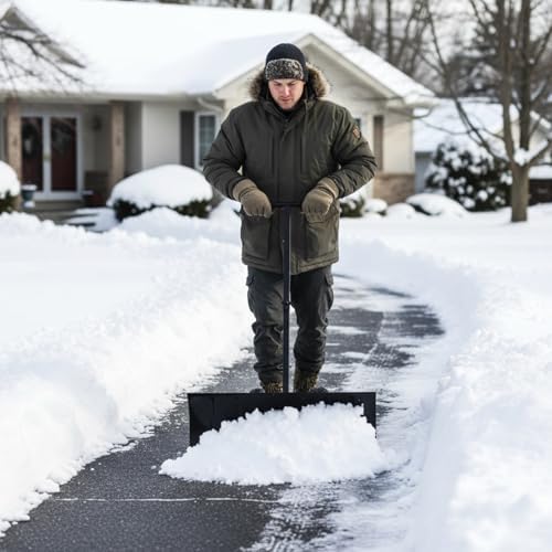 Cinnvoice 29" Snow Pusher Shovel with Wheels, Heavy Duty Adjustable Angle Metal Rolling Wheeled Snow Pusher Removal, Plow Shovel on Wheels for Driveway, Sideway, Walkway, Yard, Garage, Snowy Ways