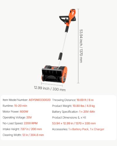 VEVOR Electric Snow Shovel 20V 12" Battery-Powered Cordless Snow Blower