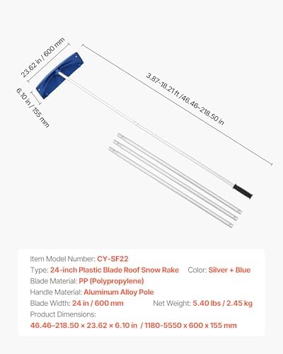 VEVOR Snow Roof Rake, 24 in PP Plastic Blade, 3.8-18.2 ft Adjustable Roof Snow Scraper with Wheels, Anti-Slip Handle Snows Removal Tool, Lightweight House Rooftop Rake for Leaves Debris Removal