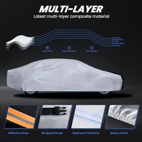 Multi-Layer Car Cover Custom Fit for Pontiac Solstice(2005-2009), 100% Waterproof All Weather for Automobiles, Gift with Towel, Heavy Duty Car Covers for Rain Sun UV Protection with Door Zipper