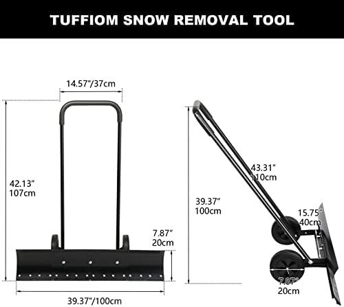TUFFIOM Snow Pusher Shovel for Driveway with Wheels, 29"/39" Wide Heavy Duty Push Snow Plow Shovel, Wheeled Rolling Snow Shovels for Removal Adjustable Angle & Height Handle (Black(39 inch))