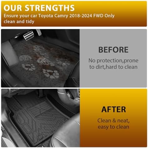 Powerty Floor Mats for Toyota Camry 2018-2024 FWD Only (Not Fit Hybrid or AWD) All Weather 3D TPE Anti-Slip Car Liners for 1st & 2nd Row Accessories