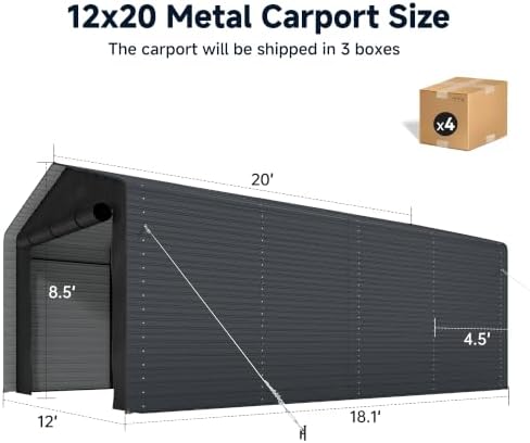 Real Relax 12x20 FT Metal Carport with Side Panels & PE Sidewalls, Gray