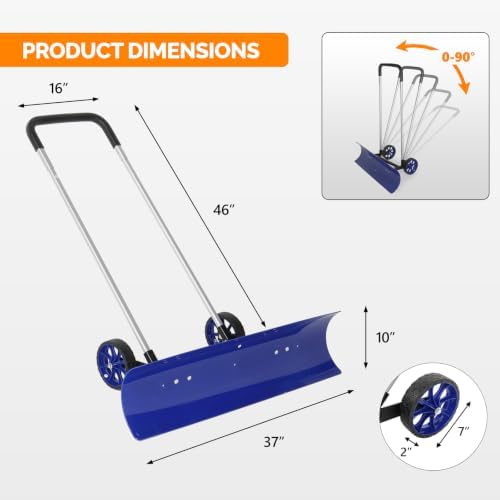 TUFFIOM Snow Pusher Shovel for Driveway with Wheels, 29"/39" Wide Heavy Duty Push Snow Plow Shovel, Wheeled Rolling Snow Shovels for Removal Adjustable Angle & Height Handle (Blue(37 in ABS))