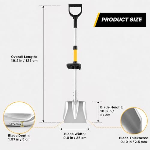 OUSHASAA 49.2" Metal Snow Shovel for Driveway, Sidewalk & Car, Dual Handles