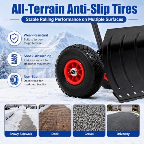29" Metal Snow Shovel with Wheels, Ergonomic Handle for Snow Removable
