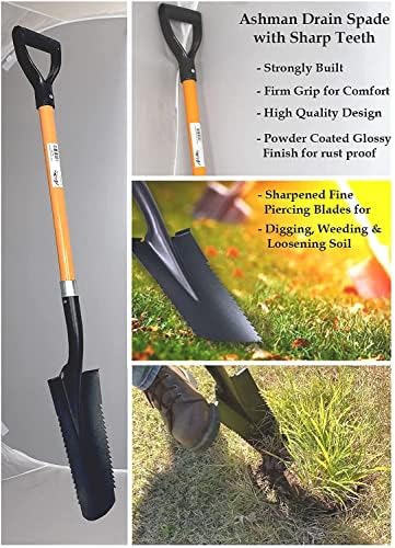 Ashman Drain Spade Teeth Shovel (6 Pack) - 48 Inches Long Handle Spade with D Handle Grip - Durable Handle with a Thick Metal Blade - Multipurpose Premium Quality Orange Shovel.