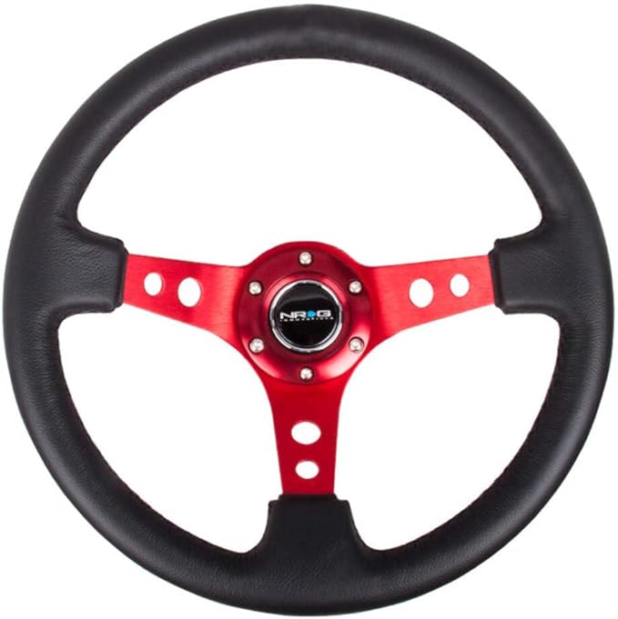NRG Innovations NRG-RST-006RD Reinforced Steering Wheel - 350mm Sport Steering Wheel (3" Deep) - Red Spoke with Round holes, Black Leather