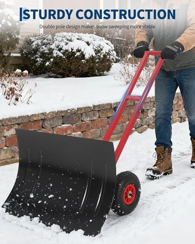 Snow Shovel with 29.13x19.8 in Wide Blade, Heavy Duty Rolling Snow Pusher