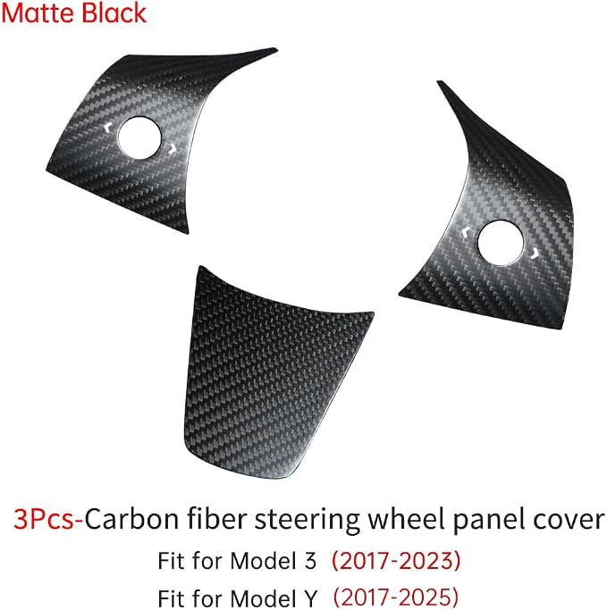 JSWAN Carbon Fiber Steering Wheel Panel Cover for Tesla Model 3 (2017 to 2023) Model Y (2020 to 2024) Steering Wheel Button Frame Wrap Accessories (Matte Black Panel Cover)