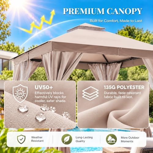 LAUSAINT HOME 12x12 Gazebo Canopy with Netting, Curtains & Double Roof