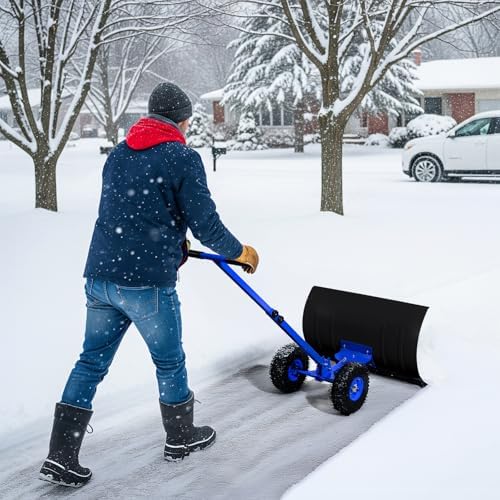 VINGLI Snow Pusher Shovel with Wheels, 29" Adjustable Ergonomic T-Handle Snow Plow for Driveway, Heavy Duty Wheeled Rolling Shovels for Snow Removal, Angle Adjustable (Black & Blue)