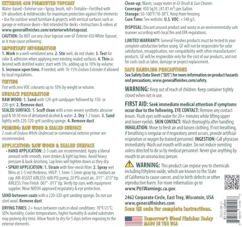 General Finishes Exterior 450 White Water Based Topcoat, 1 Gallon, Satin