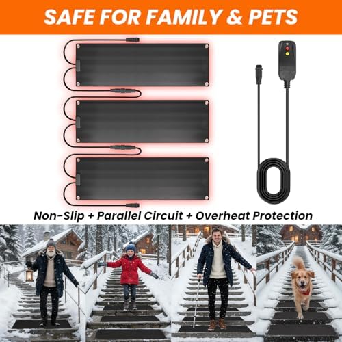 Graphene Snow Melting Mats for Stairs,Non-Slip Rubber Heated Walkway Mat,Fast Ice Melt 3 in/h,Safe & Energy Saving with Extended 50cm Cord,10"x30" with 1 Plug 3pcs