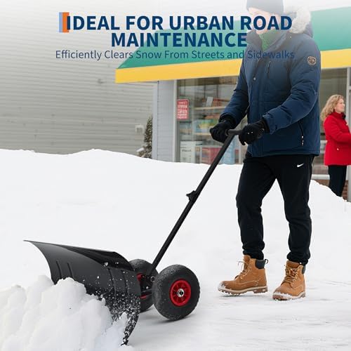 Garvee 30in W x 17in H Snow Shovel with Ergonomic Handle for Driveway, Heavy Duty Push Snow Plow Shovel with Large Adjustable Handle, Angled Blade and Wheels, Snow Removal for Driveway, Courtyard