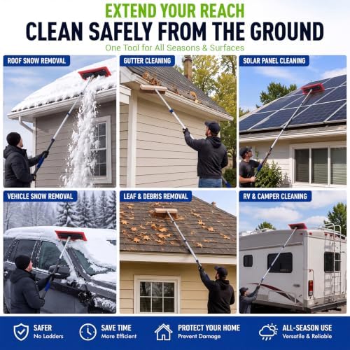 BreezeHug 24ft Roof Snow Rake 2 in 1 Extension Rod EVA Foam Brush