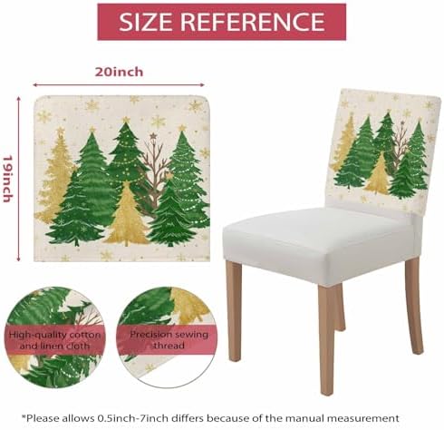 Christmas Tree Chair Back Covers Set of 6 Winter Snowflakes Green Gold Tree Star Linen Texture Washable Removable Chair Cover Slipcover Protector for Dining Room Hotel Party Holiday Decor