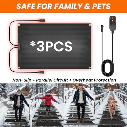 Graphene Snow Melting Mats for Stairs,Non-Slip Rubber Heated Walkway Mat,Fast Ice Melt 3 in/h,Safe & Energy Saving with Extended 50cm Cord,20"x30" with 1 Plug 3pcs