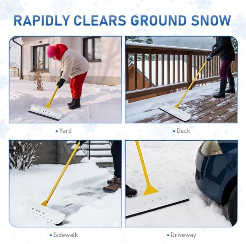 TUFFIOM Snow Pusher Shovel for Driveway with Wheels, 29"/39" Wide Heavy Duty Push Snow Plow Shovel, Wheeled Rolling Snow Shovels for Removal Adjustable Angle & Height Handle (Yellow(29 inch))