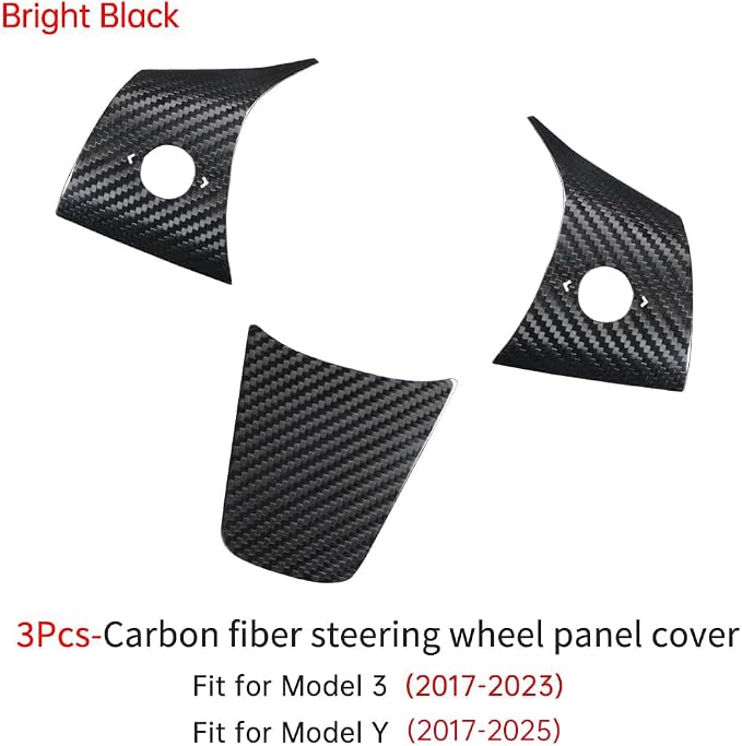 JSWAN Carbon Fiber Steering Wheel Panel Cover for Tesla Model 3 (2017 to 2023) Model Y (2020 to 2024) Steering Wheel Button Frame Wrap Accessories (Bright Black Panel Cover)