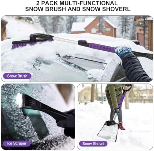 Odoland Ice Scraper with Snow Brush and Snow Shovel, 35" Extendable Snow Remover with Foam Grip, 360° Pivoting Brush Head for Car Windshield, Emergency Snow Scraper for SUV Truck Vehicle, Purple