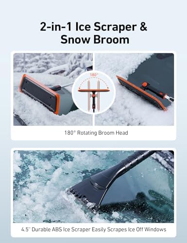AstroAI 47.2 Inch 2-in-1 Snow Brush for Car Snow Broom and Detachable Ice Scraper with Non-Abrasive Silicone Head for Cars, Trucks, SUVs(Orange-Black)