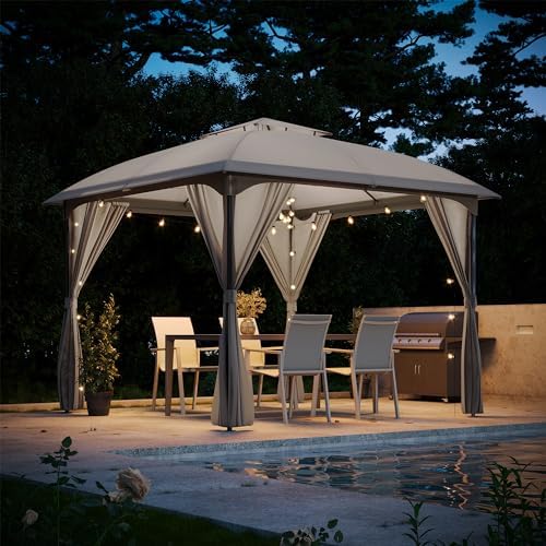 LAUSAINT HOME 10'x10' Patio Arc Gazebo, Outdoor Canopy Tent with Curved Roof Design, Double Tier Top, Privacy Curtains & Wind-Resistant Ropes, Backyard Garden Lawn, Gray
