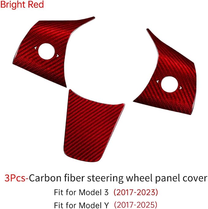 JSWAN Real Carbon Fiber Steering Wheel Panel Cover for Tesla Model 3 2017 to 2023 Model Y 2020 to 2024 Steering Wheel Button Frame Cover Accessories (Red Cover)