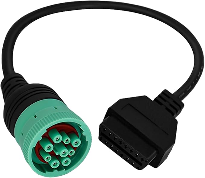 J1939 Adapter Cable for Heavy Duty Trucks and Commercial Vehicles,Green Type 2 J1939 Male to 16pin OBD2 Female Cable,9 Pin to OBD2 Adapter Connector Work with OBD Scanner for Diesel Trucks
