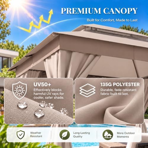 LAUSAINT HOME 10x12 Gazebo Canopy with Netting, Curtains & Double Roof