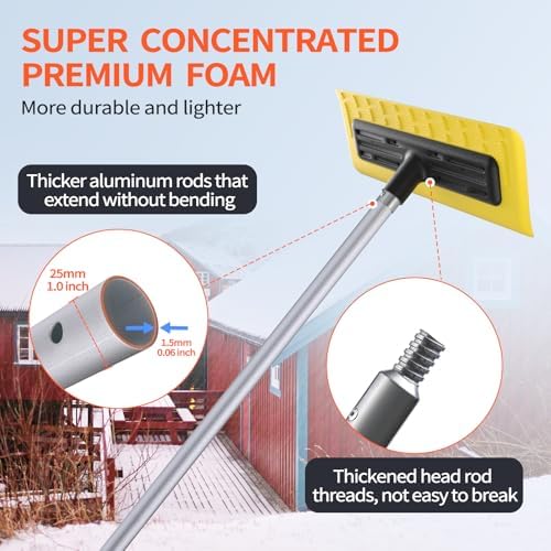 Never-Scratch SnowBuster,21-Foot Snow Roof Rake,EVA Soft Foam Pad Snow Removal Tool,Heavy-Duty Aluminum Handle,S-Shaped Push/Pull Design for House Roof,Solar Panels,Car Snow, and Leaves,Yellow