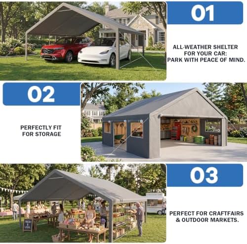 20x20 Heavy Duty Carport, Large 2 Car Ports, Grey
