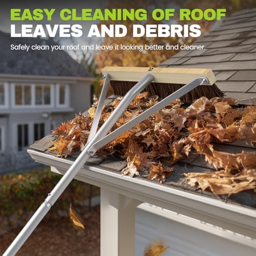 Huracan Leaf Roof Brush and Snow Roof Rake, Cleaning Tool with Gloves, 5-21ft Adjustable Roofs Removal Tool, Anti-Slip Handle Cleaning Brush Extension Aluminum Poles, for Solar Panels Cars Shingles