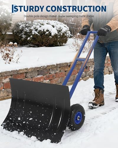 Snow Shovel with 29.13x19.8 in Wide Blade, Heavy Duty Rolling Snow Pusher