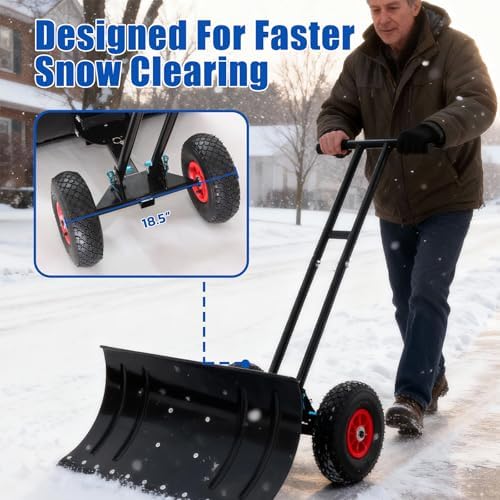 30” Snow Shovel with Wheels, Snow Pusher with Adjustable Angle & Height Handle, Snow Removal for Driveway Sidewalk, Ergonomic Double-Rod Design, Easy Assembly (Double Rod)