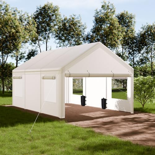Shintenchi Portable Garage Canopy,10x20 FT Heavy-Duty Design Carport,Carport Canopy with Side-Opening Removable Door & Roll-Up Window,Portable Car Port for Car, Truck, Boat,White