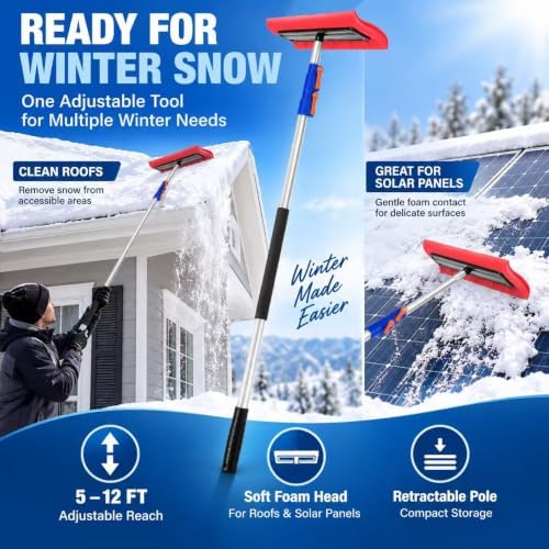 Roof Snow Rake, 5-12 Ft Aluminum Pole, Foam Pad for Roofs