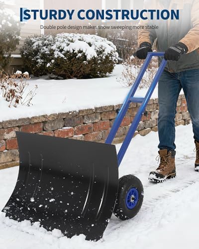 TrailBlaze Heavy Duty Rolling Snow Shovel with Wheels – 29" Wide Angled Steel Blade – Adjustable Double Handle – 5-Position Ergonomic Design – Efficient for Driveways, Sidewalks, Pavement – Black