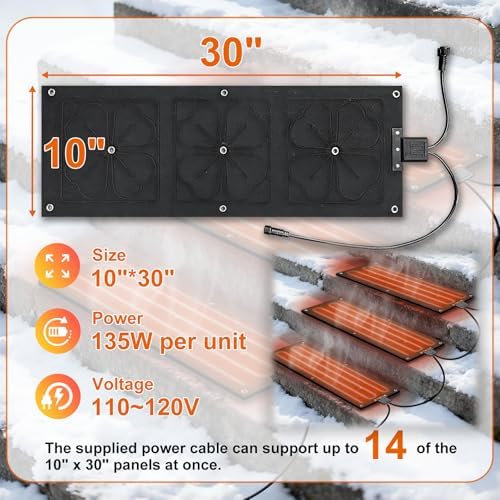OEBLD Heated Snow Melting Mats for Outdoor Steps 10”X30”, Electric 3in/h Melt Speed Mat for Stairs, Anti Slip Safety Self-Regulating Heating Ice Melt Mat, Durable & Waterproof for Winter (3 Pack)