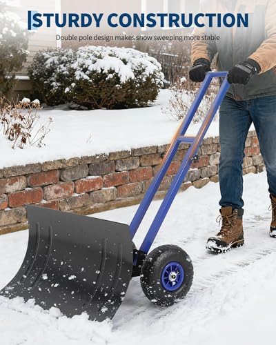 Snow Shovel with 29.13x16.53 in Wide Blade, Heavy Duty Rolling Snow Pusher