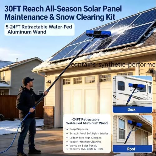 Solar Panel Cleaning Brush Kit with 5-24FT Telescopic Pole Water Fed Brush Window Gutter Cleaning Tool 20'' Wide Brush,Soap Dispenser, Squeegee & Cobweb Duster for Roof RV Deck Snow Removal