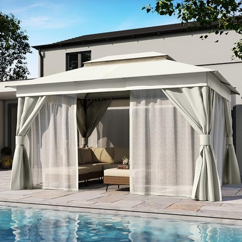 LAUSAINT HOME 10x12 Gazebo Canopy with Netting, Curtains & Double Roof