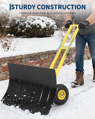 Snow Shovel with 29.13x19.8 in Wide Blade, Heavy Duty Rolling Snow Pusher