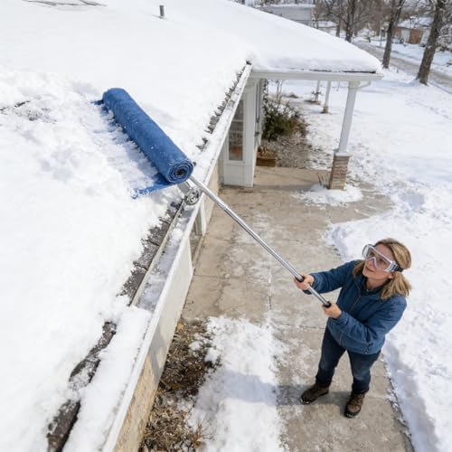 Telescoping Roof Snow Rake 20/29FT Adjustable Aluminum Snow Removal Shovel with Rolling Wheels and Slide Cloth for House Cottage Roof Snow Clearing(29 FT, Green)