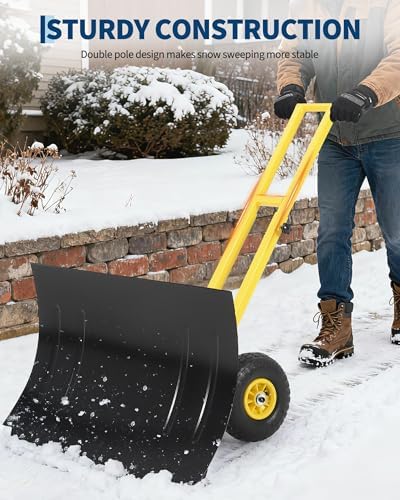 TrailBlaze Heavy Duty Rolling Snow Shovel with Wheels – 29x20 Extra Wide Metal Blade – Adjustable Angle & Height Ergonomic Handle – Anti-Slip Pneumatic Tires – Ideal for Driveways, Sidewalks,