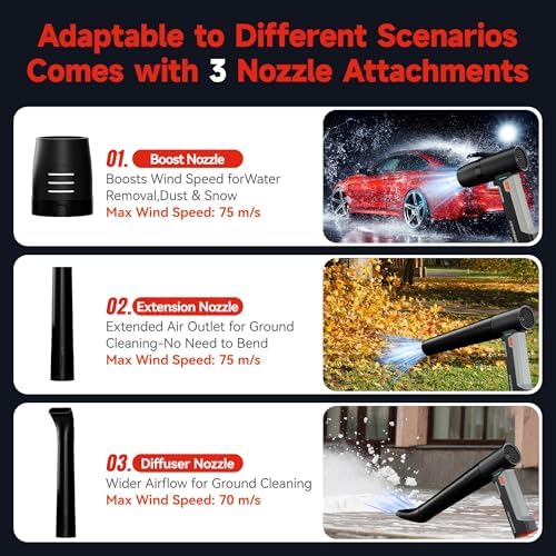 Cordless Car Dryer Air Blower, 1.6KG Turbo Thrust,4-Speed Rechargeable Electric Leaf Blower with LED Light,4000mAh Battery,64mm Turbo Fan&3 Nozzles for Car Drying, Leaves&Snow
