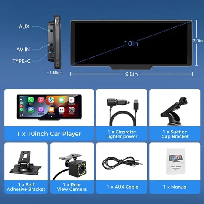 Portable Carplay Screen for Car, 10.26" Wireless Carplay Car Stereo & Android Auto, OTA Updates, Car Play Touchscreen with 1080P Backup Camera,GPS Navigation,Voice Control,5.0 Bluetooth (10.26inch)