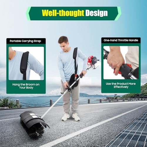 Gas Powered Lawn Sweeper, 4 Stroke Handheld Yard Sweeper Broom with Shoulder Strap & Goggles for Artificial Lawns Pathways Driveways Yards Etc